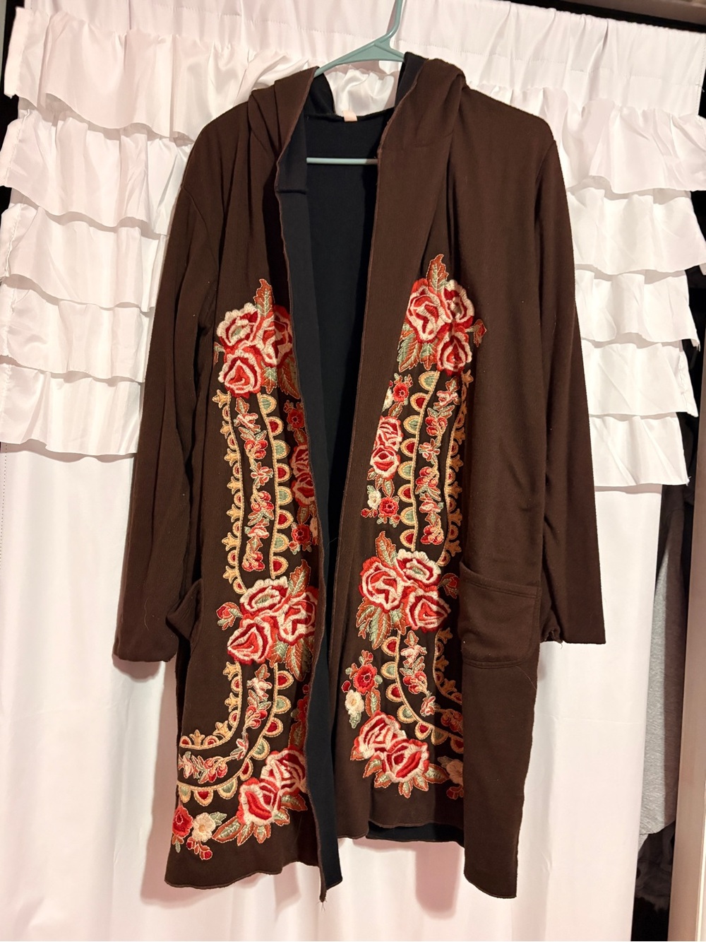 Women’s Brown Hooded Cardigan with Red Floral Embroidery - Picture 1 of 2